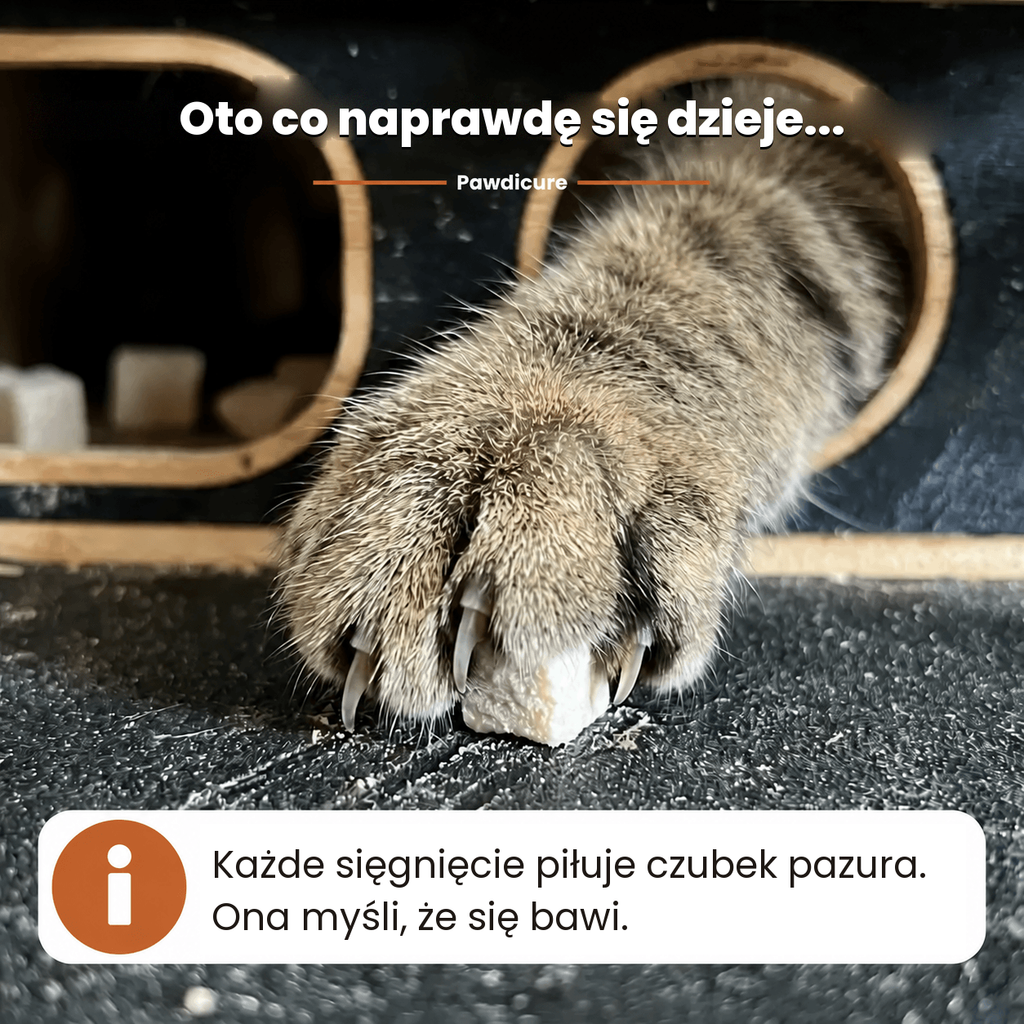 Zbliżenie łapy kota, który piłuje pazur w pudełku Pawdicure
