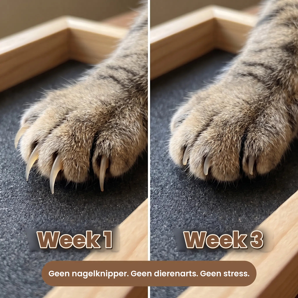 Kattennagels voor en na: week 1 en week 3 met de Pawdicure